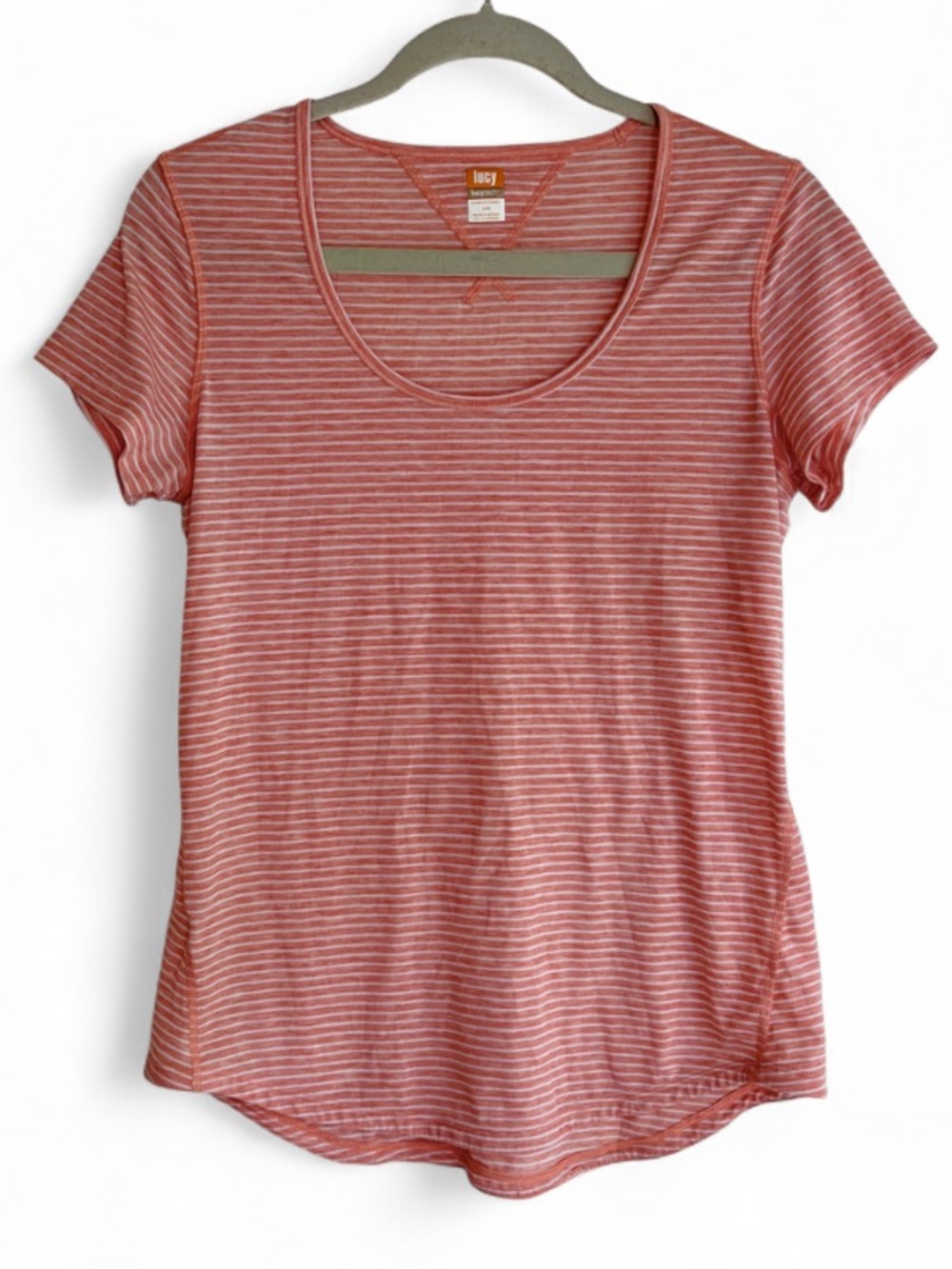 Lucy Tech Orange Striped Scoop Neck Short Sleeve Tee Shirt Size M
